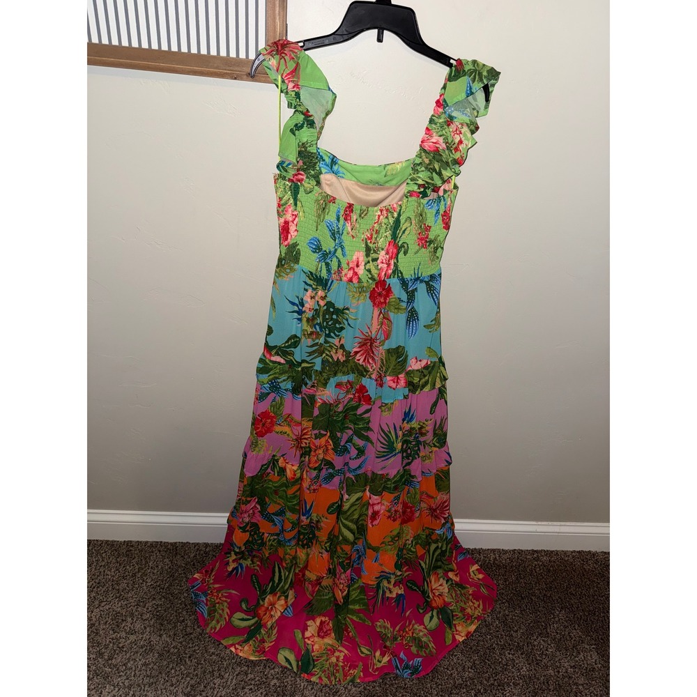 Flying Tomato Tropical Floral Tiered Maxi Dress Green Blue Pink Smocked Large - Picture 4 of 7